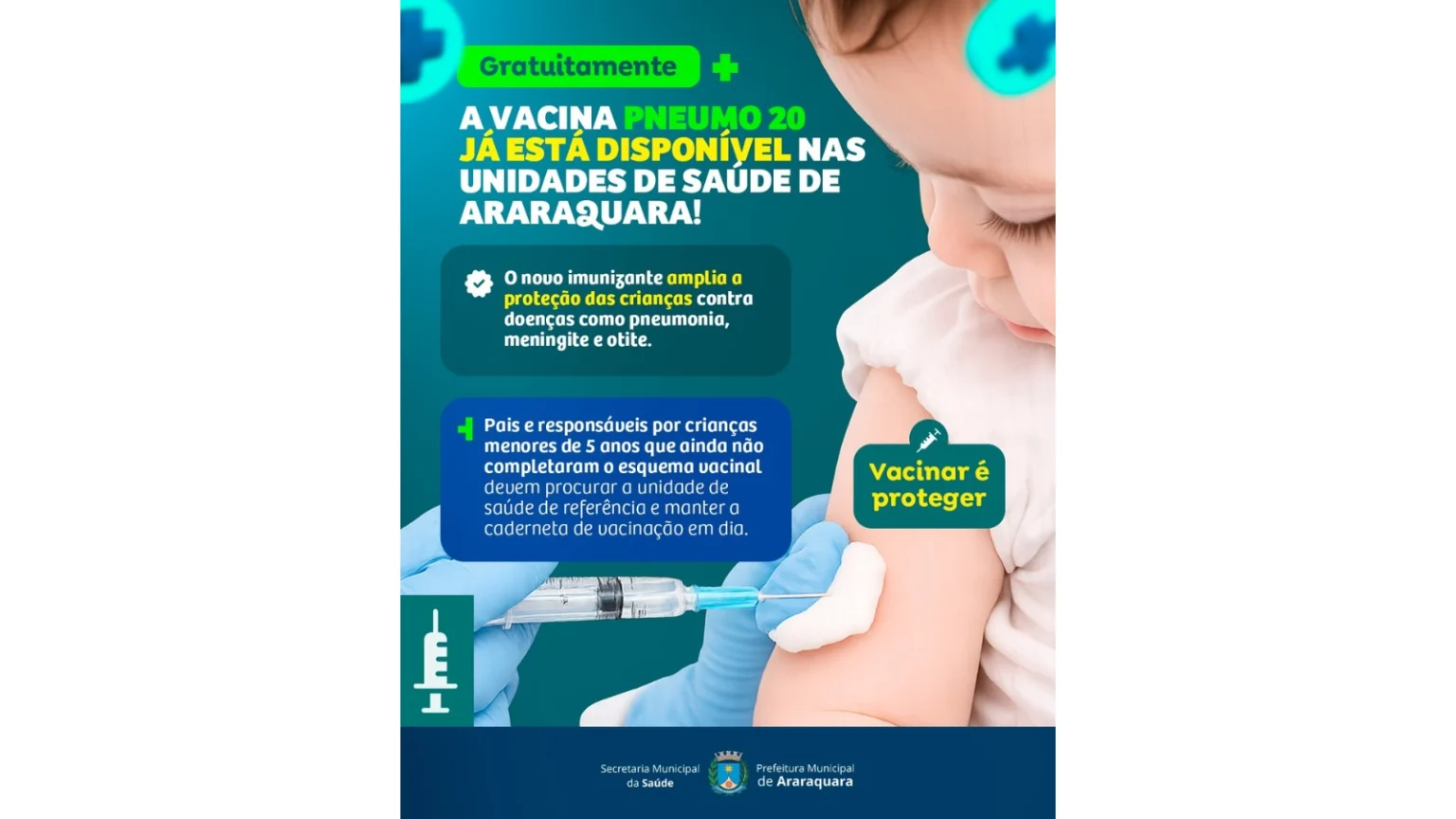 Araraquara amplia proteção na infância com vacina Pneumo 20