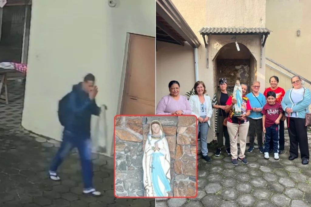 Imagem de Nossa Senhora furtada por ladrão que fez o sinal da cruz é recuperada em Praia Grande, litoral de SP