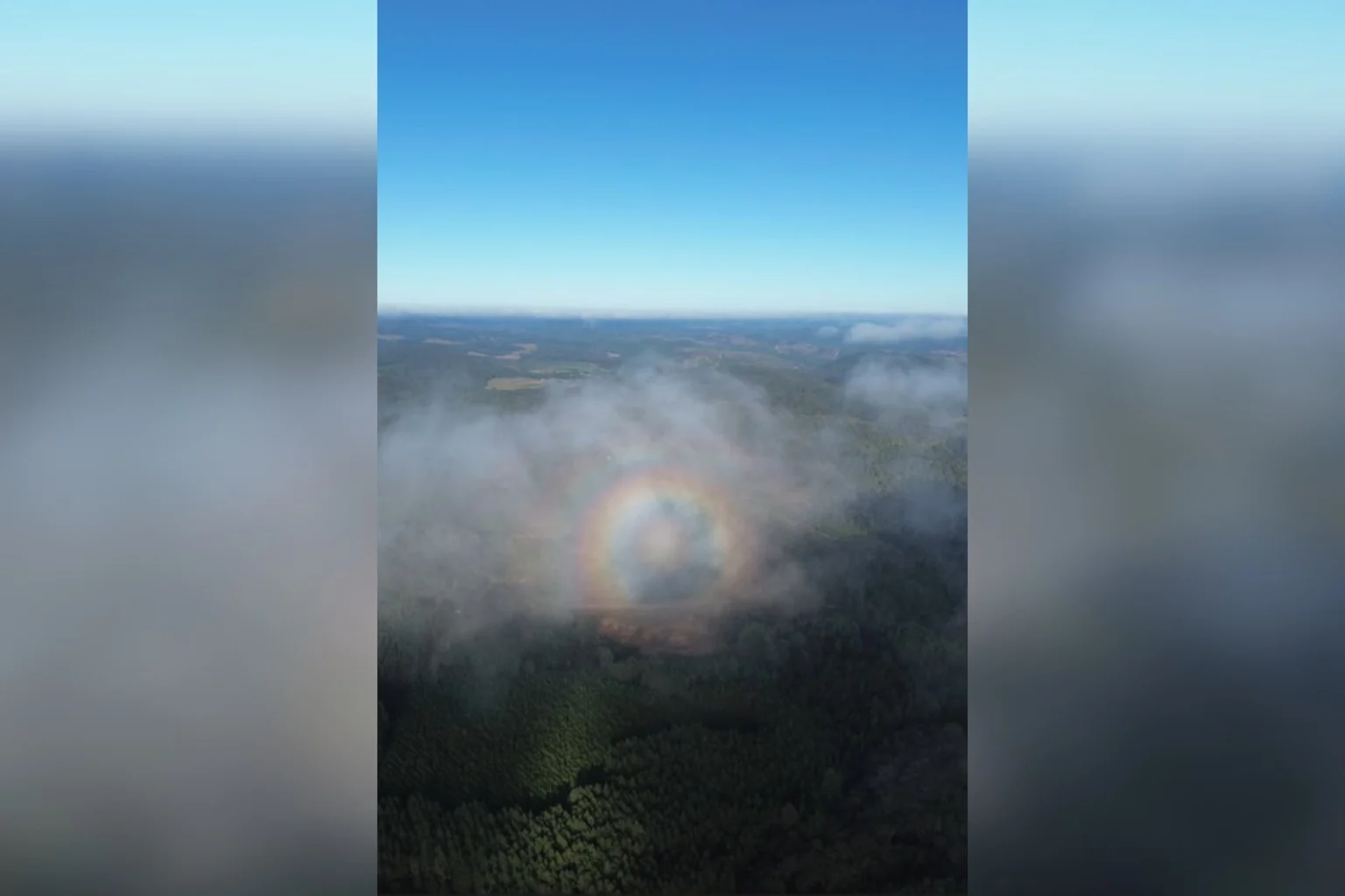 Fenômeno raro forma arco-íris circular ao redor de drone durante amanhecer no interior de SP