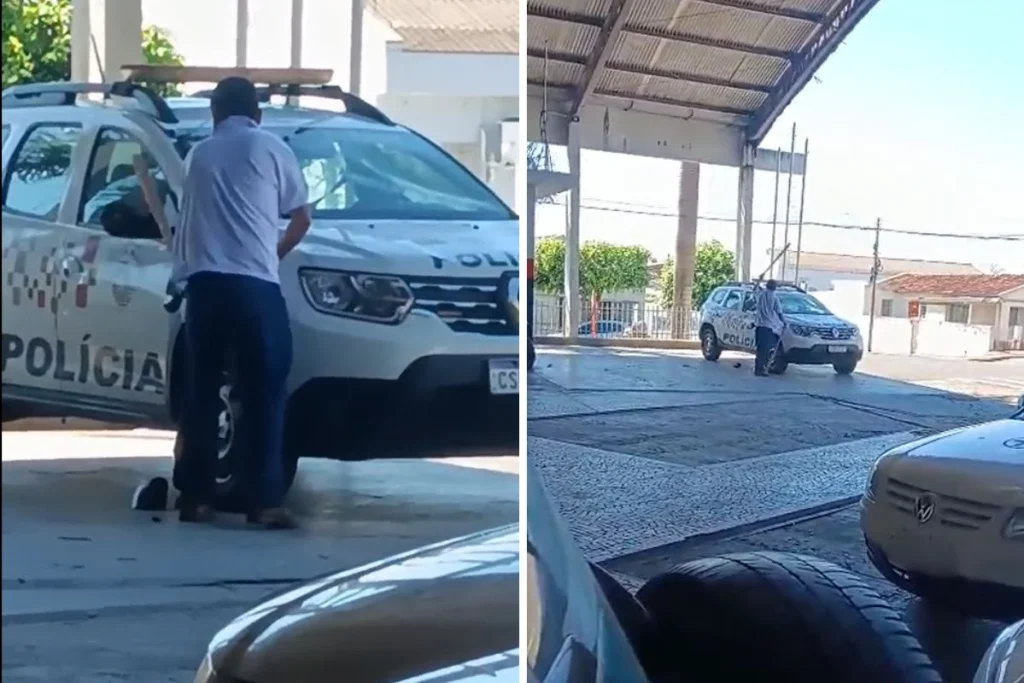 Indivíduo é detido após vandalizar viatura da PM com pedaço de madeira em cidade do interior de SP