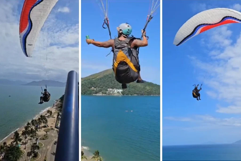 Piloto de parapente surpreende ao pegar lata de cerveja em cobertura de prédio durante voo no Litoral de SP