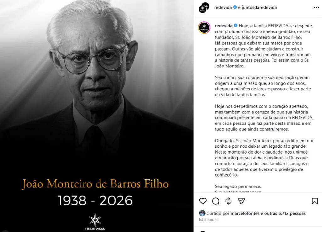 Fundador da Rede Vida, João Monteiro de Barros Filho falece em Barretos, deixando legado na comunicação católica