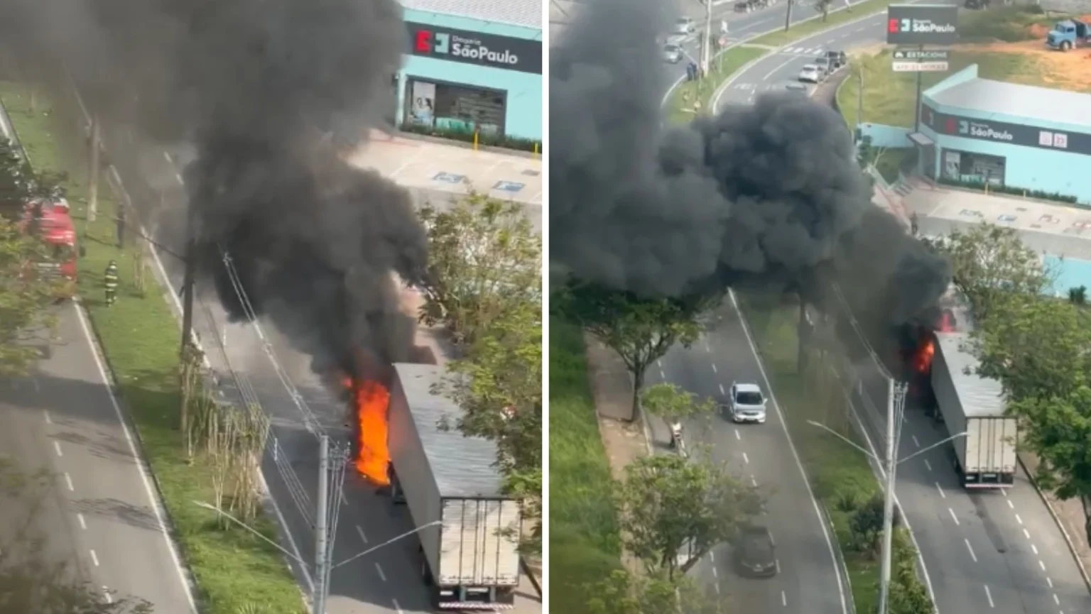 Incêndio em caminhão gera grande coluna de fumaça em avenida de Jacareí