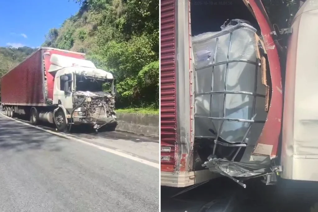 Colisão entre caminhões causa vazamento de produto químico e interdita Rodovia Régis Bittencourt em SP