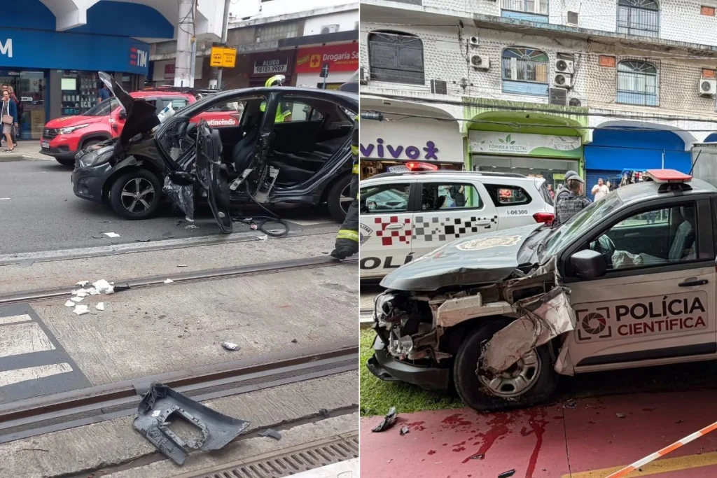 Acidente em Santos: Mulher fica ferida após colisão entre carro e viatura da Polícia Científica